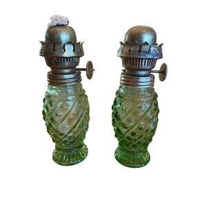 Set of 2 Vintage Small Green Glass Oil Lamps. MCM? Farmhouse Decor. 6"
